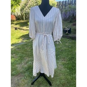 Calvin Klein Women's Striped Pouf Sleeve V Neck Fit, Flare Dress Size 4.